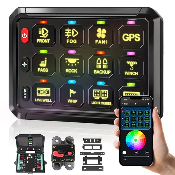 RGB 12 Gang Switch Panel,12-24V With Bluetooth APP, Auxiliary Backlit Off Toggle Flash Multifunction Toggle Switch Momentary Circuit Control Relay System Box Universal for Car
