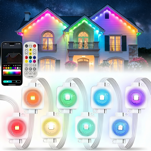 RGB 150ft Eaves LED Lights Permanent Outdoor Lights String APP Bluetooth Light Strip Scene Modes House Party Wedding Light