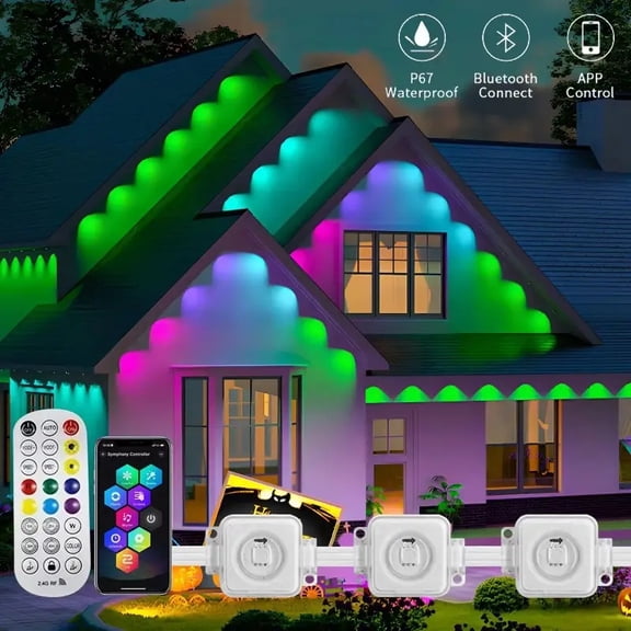 RGB 150ft Eaves LED Lights Permanent Outdoor Lights String APP Bluetooth Light Strip Scene Modes House Party Wedding Light