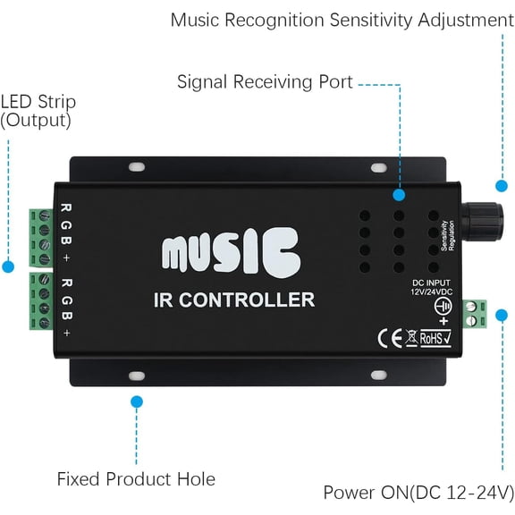 RGB 4-PIN LED Controller, DC12-24V LED Light Strips Controller, 24-Keys IR Wireles Remote Control, Music Sync for 5050 3528 RGB LED Strip Light