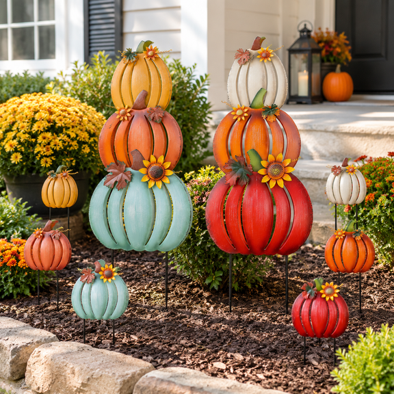 RGB 6 Stacked Metal Pumpkin Garden Stakes Fall Outdoor Yard Decor