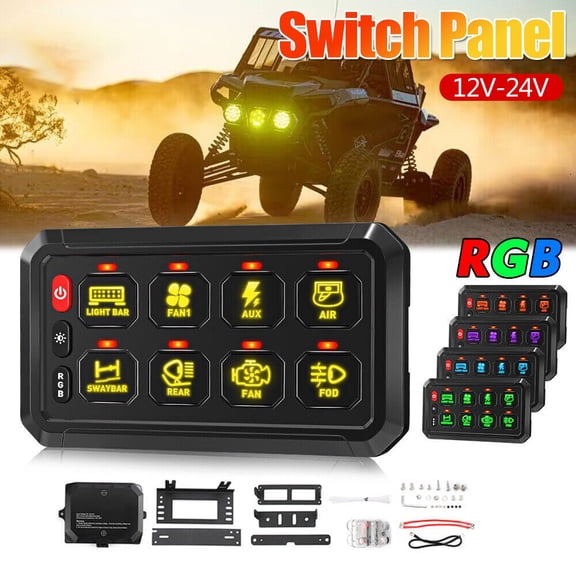 RGB 8 Gang On-Off LED Light Switch Panel, 12V-24V Multi Circuit Control Rocker Switch Panel for Car, Truck, RV, Boat