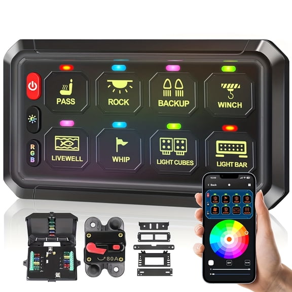 RGB 8 Gang Switch Panel with Bluetooth App Control, Turn On/Off Momentary Pulsed Multifunction 12V/24V Switch Panel, for Truck Circuit Control Relay System Switch Panel for Car Boat Truck RV