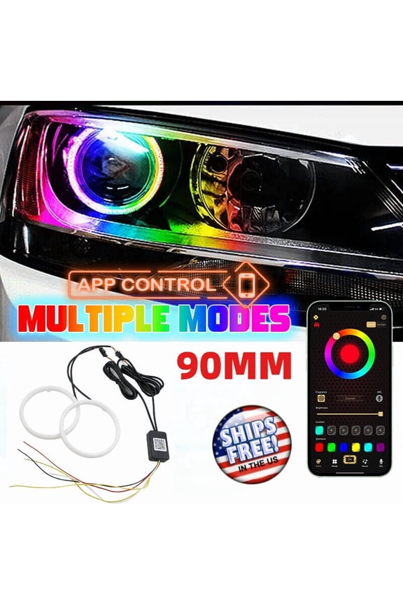 RGB 90MM COB LED Angel Eye Lights Halo Rings Phone APP Control Headlight DRL Kit