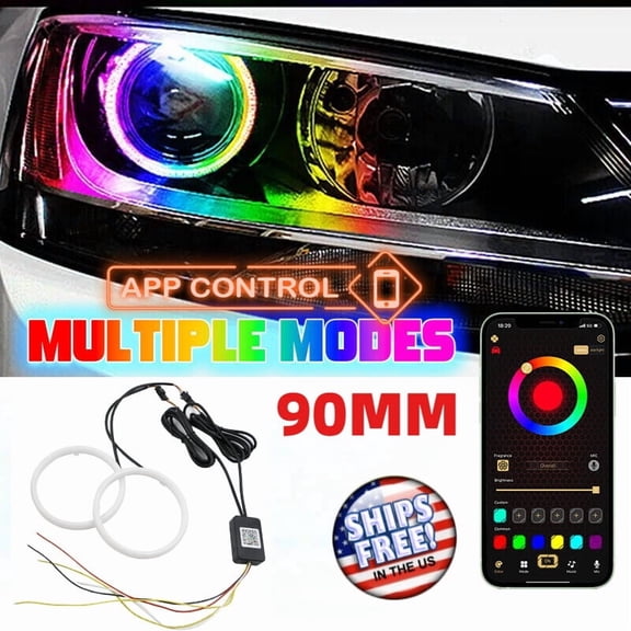 RGB 90MM COB LED Angel Eye Lights Halo Rings Phone APP Control Headlight DRL Kit