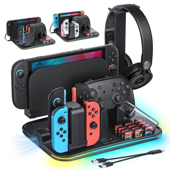 RGB All-in-1 Charging Dock & Organizer Station for Switch 2/Switch 1, Fan Cooling, 4 Joycons + Pro Controller Charging, 12 Game Card Slots, Headset Holder & 9 RGB Modes