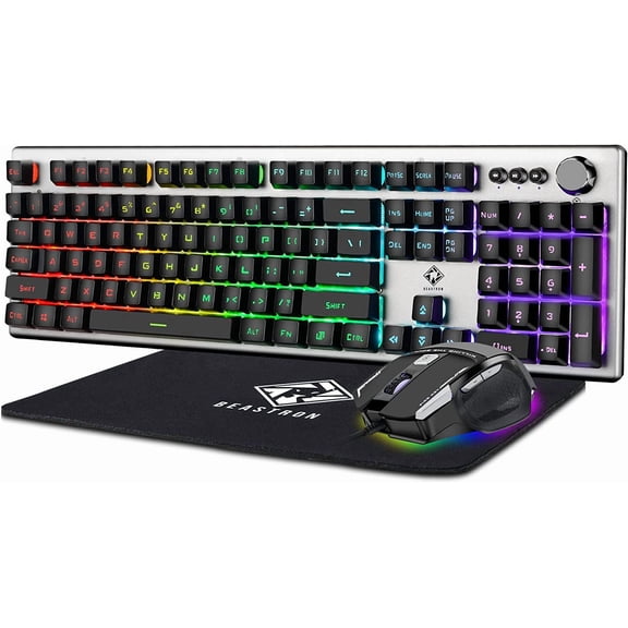 RGB Backlit Gaming Keyboard with Mouse Combo and Mouse pad, Multimedia Keyboard Knob,Mechanical Feel USB Wired Keyboard for Windows PC, Silvery White (10209)