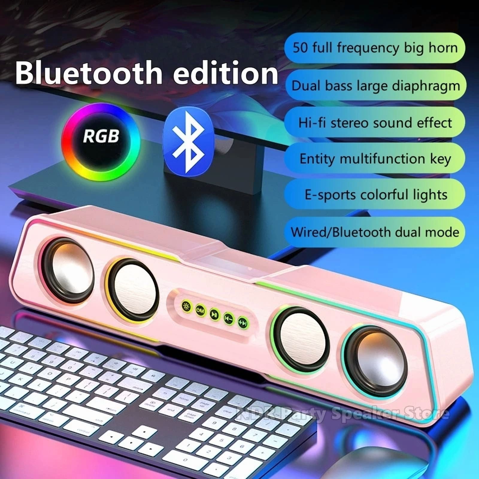 RGB Bluetooth Speakers Subwoofer Loud Volume Computer Audio Desktop Home Game Speaker Notebook Wired Heavy Bass Stereo Surround(Pink)