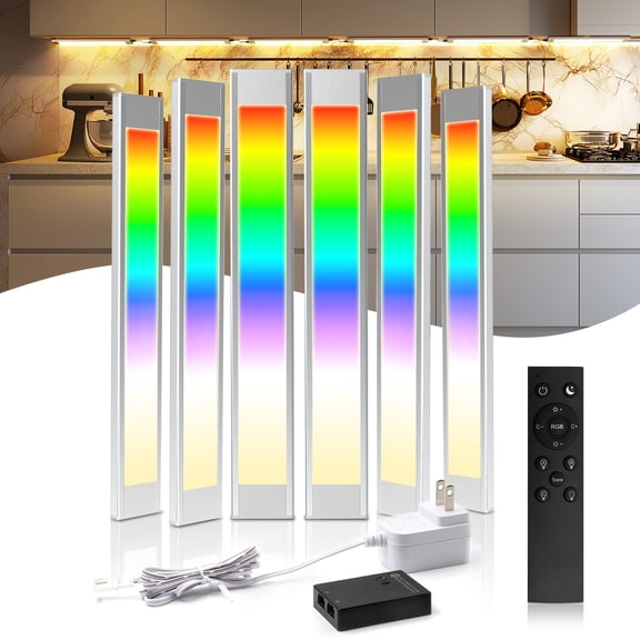 RGB Under Cabinet Lighting with Adjustable White Light, Ultra-Thin LED Light Bars, APP & Voice Control (Alexa/Google), Remote & Button Control, Linkable Lights for Kitchen Cabinets, Shelves 6 Pack