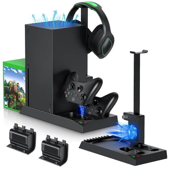 Charging Stand with Cooling Fan for Xbox Series X Console & Controller,Dual Charger Station Cooler System Accessories with 2 x 1400mAh Rechargeable Battery,Headphone stand,Black
