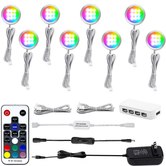 Dimmable RGB Puck Lights with Remote Control - 8-Pack Under Cabinet & Display Case Lighting with 20 Color Changing Options for Kitchen