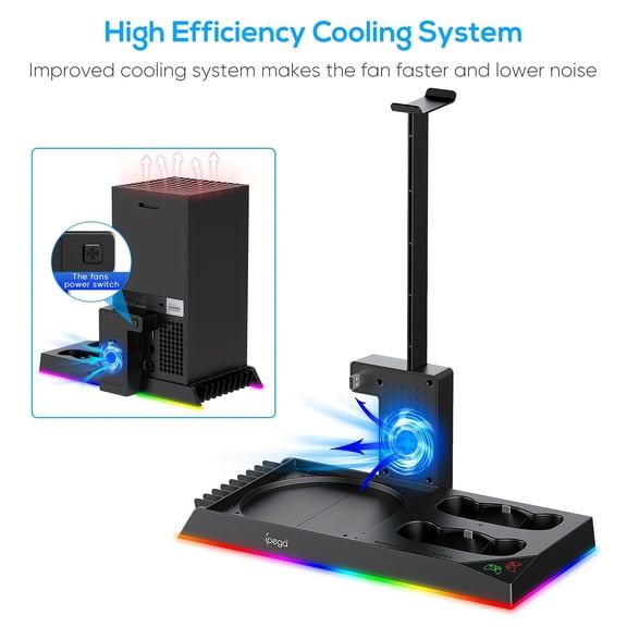 RGB Cooling Fan with Dual Charging Stand for Gaming Console Controller and System Accessories, Featuring 15 Colorful LED Lights, Headphone Holder, and 2 Rechargeable Batteries