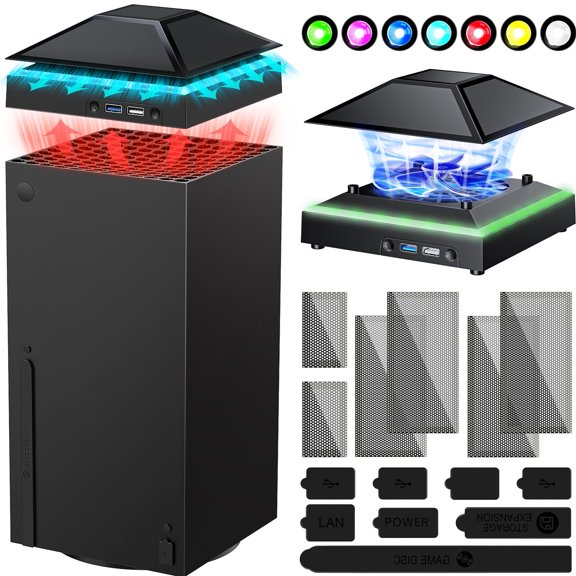 RGB Cooling Fan for Xbox Series X with 7 Light Modes, Dust Proof Low Noise Fan with 3 Gears, Dust Filter, Rubber Dust Plugs, Cooler&Light Independent Touch Switch, 2 USB Port
