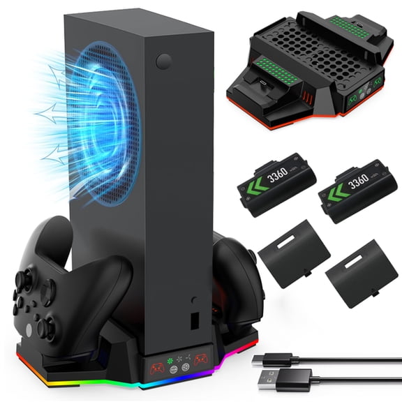 RGB Cooling Stand Charging Station for Xbox Series S Accessories with 2x3360mWH Rechargeable Battery Xbox Series S Cooling Fan with Dual Controllers Charging Dock, 3 Adjustable Fans Speed,Black