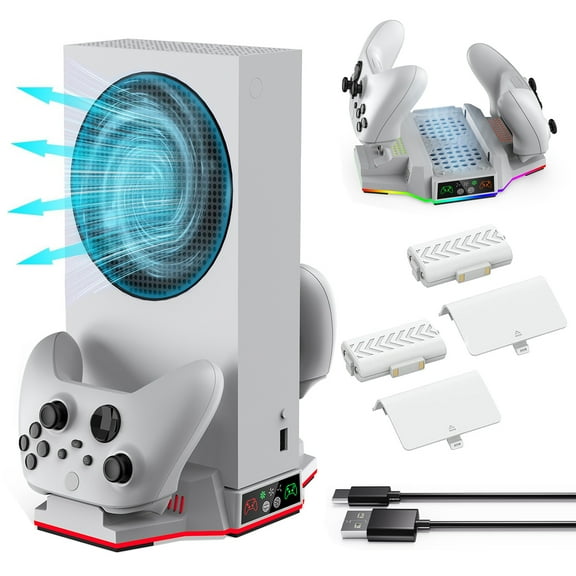 RGB Cooling Stand Charging Station for Xbox Series S Accessories with 2x3360mWH Rechargeable Battery Xbox Series S Cooling Fan with Dual Controllers Charging Dock, 3 Adjustable Fans Speed,White