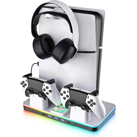 RGB Cooling Stand for PS5, Dual Controller Charger, Turbo Fan, Headset Holder, 3 USB Hub, for PS5/PS5 Pro/PS5 Slim Disc & Digital