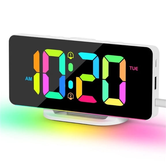 RGB Digital Alarm Clock with RGB Mood Light 2 Alarm Night Mode Unlimited Snooze Table Clock 12/24H Output USB Charging LED Clock