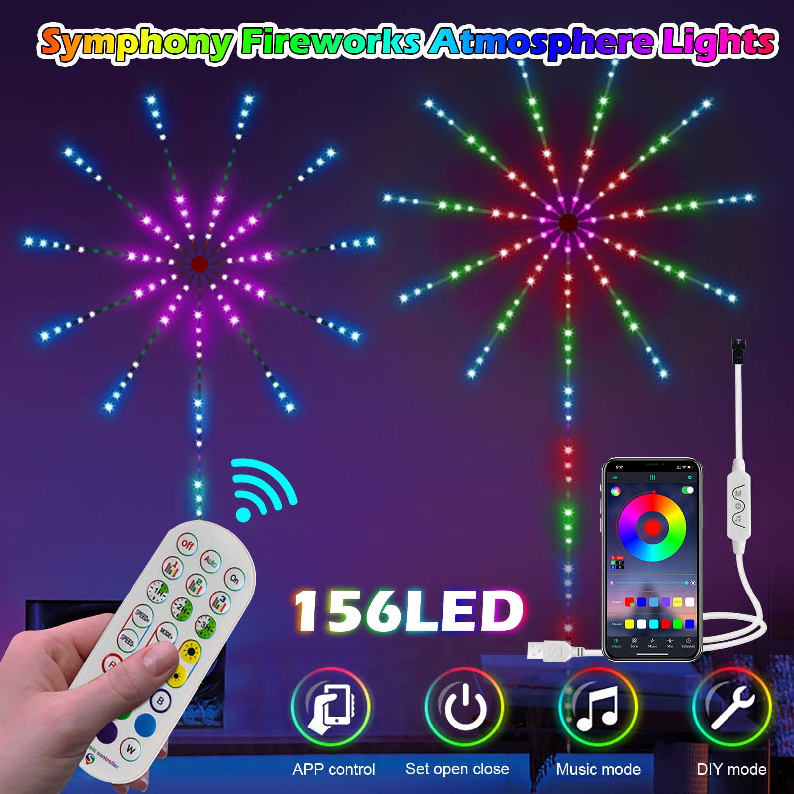 RGB Dream Color Firework LED Strip Lights USB Powered, APP & Remote Control Music Sync Timing, 156LED Ambient Lights for Bedroom Party Christmas Home Decor