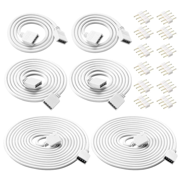 RGB Extension Cables 6 Pack - LED Strip Connector 4 Pin - 5050 3528 Compatible - Solderless LED Light Wire Kit (1.6ft, 3.3ft, 6.6ft)