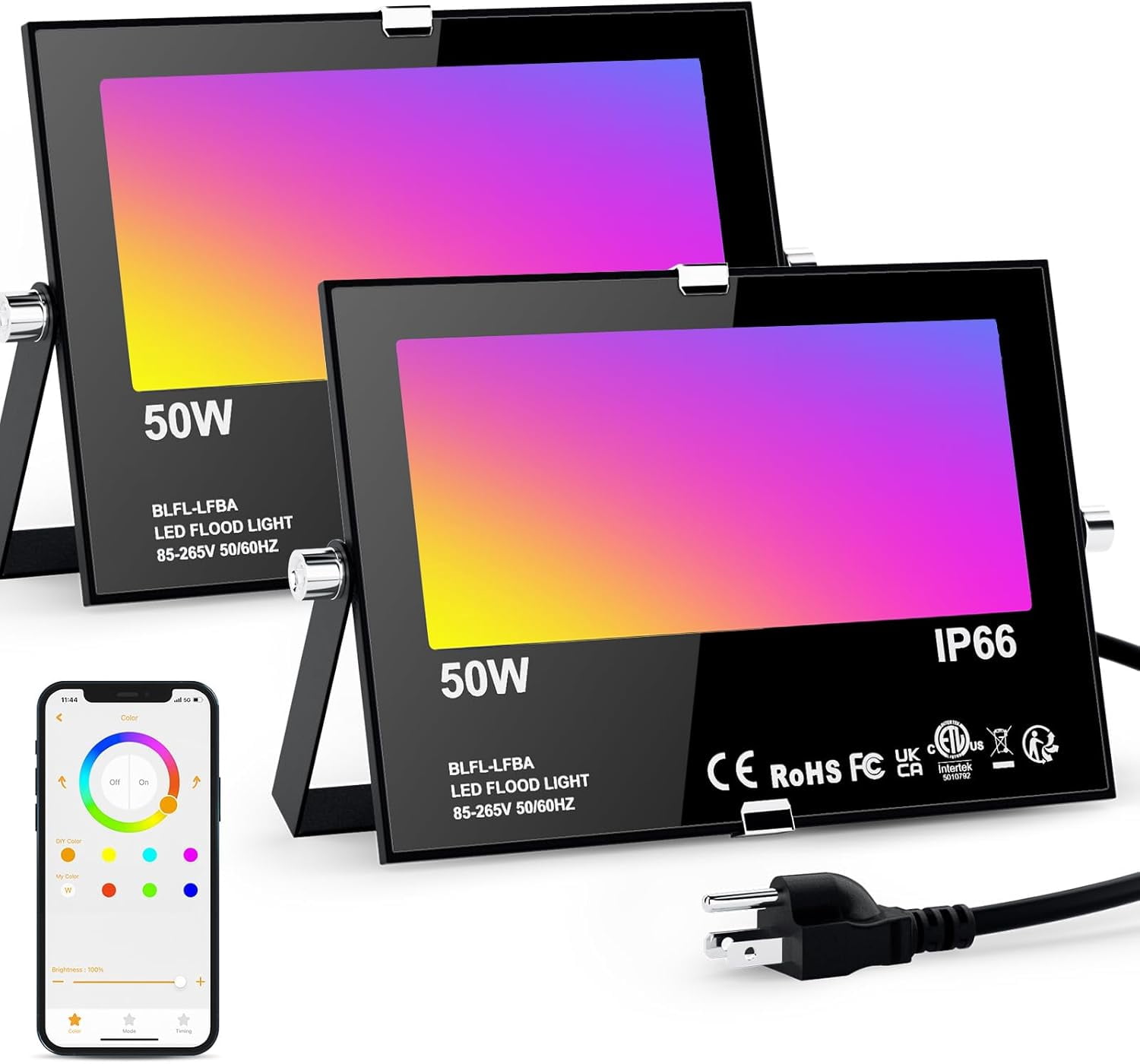 RGB Flood Light Outdoor Indoor LED 50W Equivalent to 500 Watts, 5700K Daylight White Floodlights, Color Changing Stage Landscape Lighting with Remote, Waterproof IP66-2 Pack