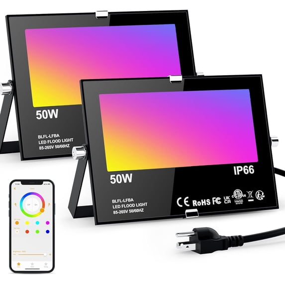 RGB Flood Light Outdoor Indoor LED 50W Equivalent to 500 Watts, 5700K Daylight White Floodlights, Color Changing Stage Landscape Lighting with Remote, Waterproof IP66-2 Pack