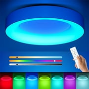 Annaror 11'' RGB Flush Mount Ceiling Light with Remote Control, 24W 2400LM Dimmable Ceiling Light Fixture, 3000K-6500K Modern Low Profile Ceiling Lights for Bedroom Kids Room, White