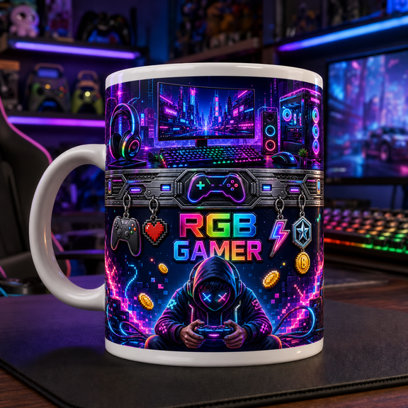 RGB Gamer Mug Neon Gaming Coffee Cup for Dad Father's Day Gift for Player Dads