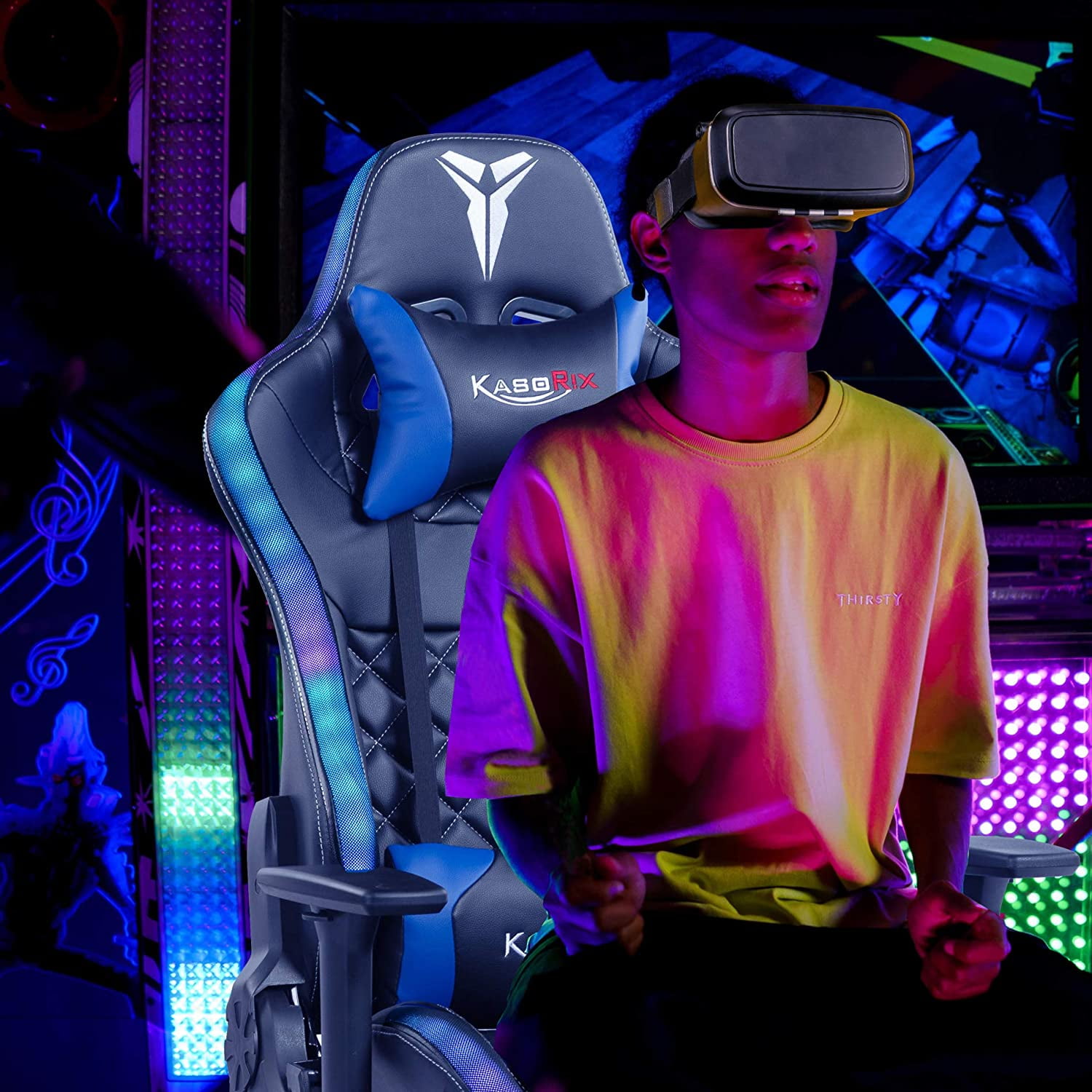 RGB Gaming Chair with LED Lights Footrest, Ergonomic High Back Video