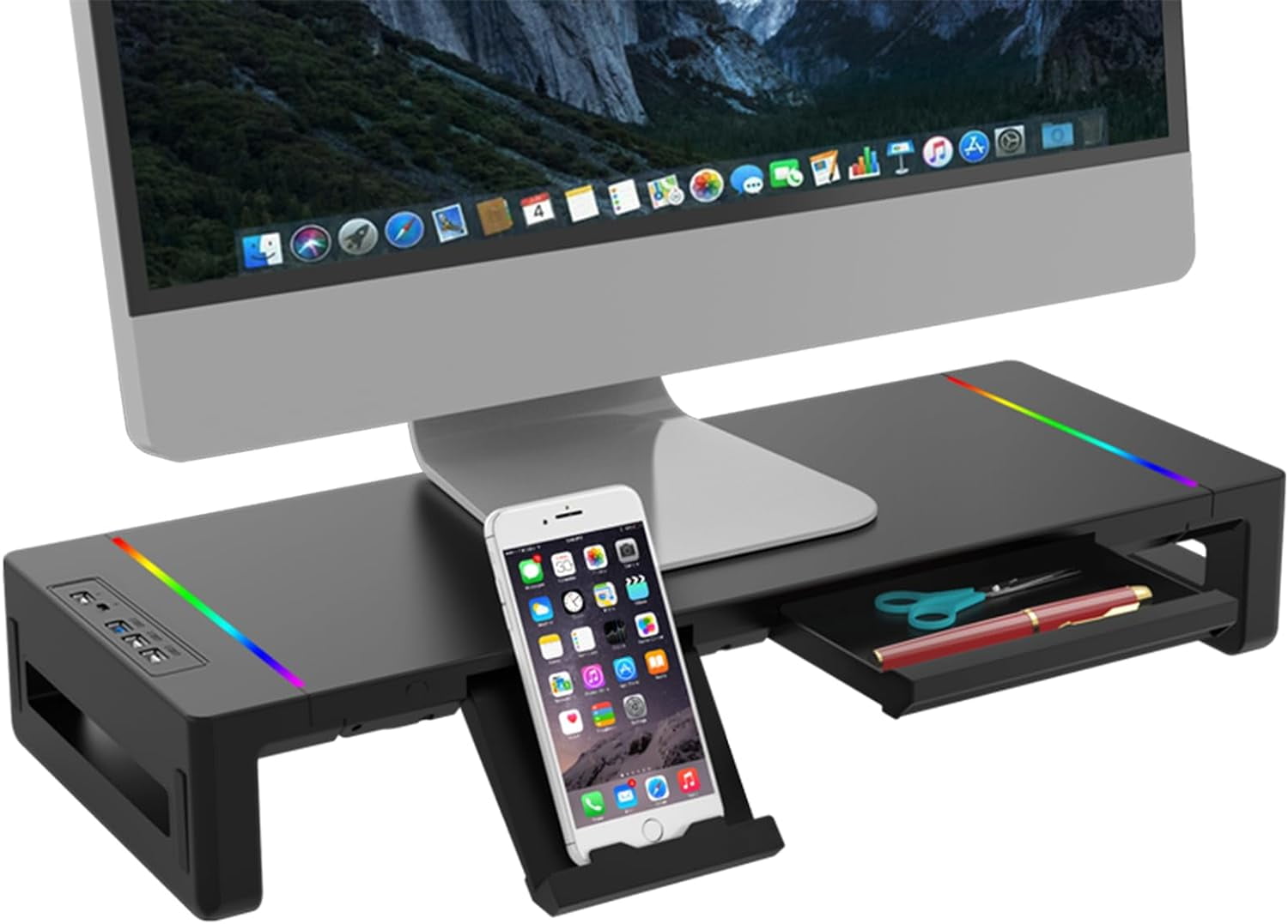 RGB Gaming Computer Monitor Stand Riser - USB 3.0 Data Port and Type-C ...