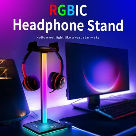 RGB Gaming Headphone Stand, PC Gaming Accessories with Ambient Light, Desktop Desk Holder for Gamers, Gift Idea