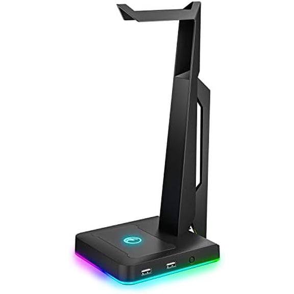RGB Gaming Headset Stand with 2 USB Ports, Game Headphone Mount for PC, Xbox One, PS4, Switch, Earphone Holder Hanger, Great for Gaming Stations, Fancy Desk Gamer Accessories, Black