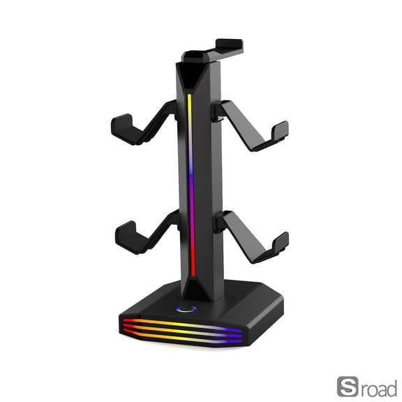 RGB Gaming Headset Stand With Controller Holder, 360 Rotating Headphone Stand With Dual USB & Type-C Charging Ports, Detachable Hook Gaming Desk Organizer For Headphones & Gamepads