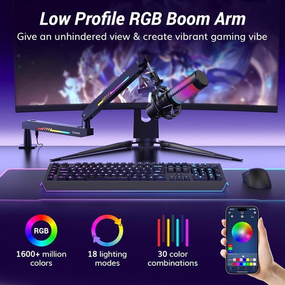 RGB Gaming Mic Arm Low  Microphone  Stand with Controllable Light for Streaming Studio T90LP