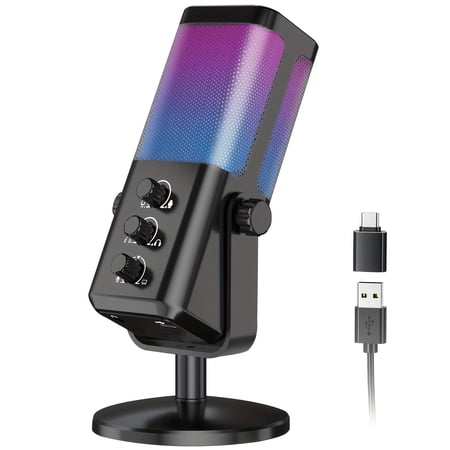 RGB Gaming Microphone with AI Noise Cancellation, USB Type C Studio Condenser Mic for Streaming, Discord, Podcast, PC/PS5/Mac, Game Voice Balance & Monitoring
