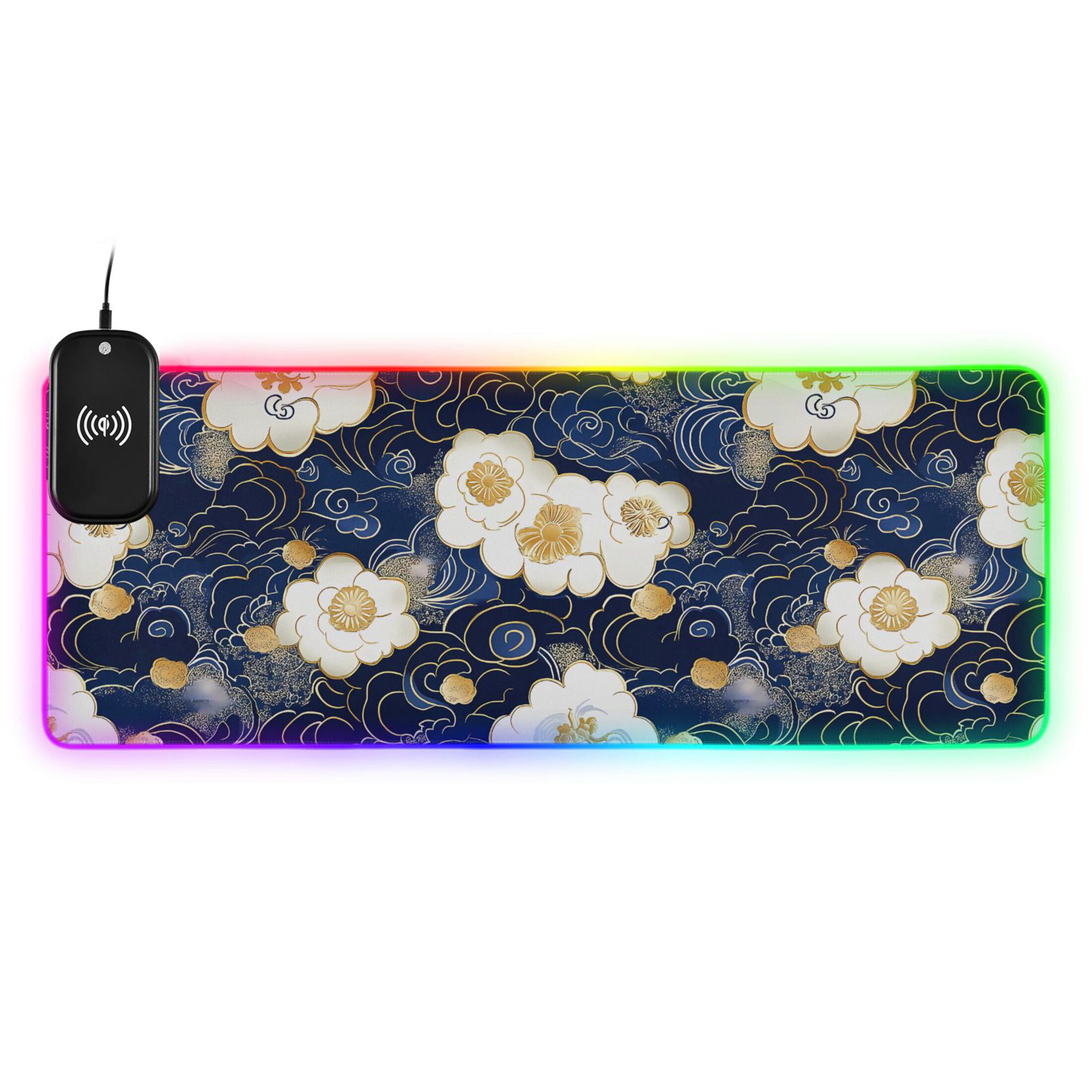 RGB Gaming Mouse Pad 15W Wireless Charging Large Waterproof Desk Mat 13 Light Modes Mousepad 31.5x11.8 Blue Cloud White Flower