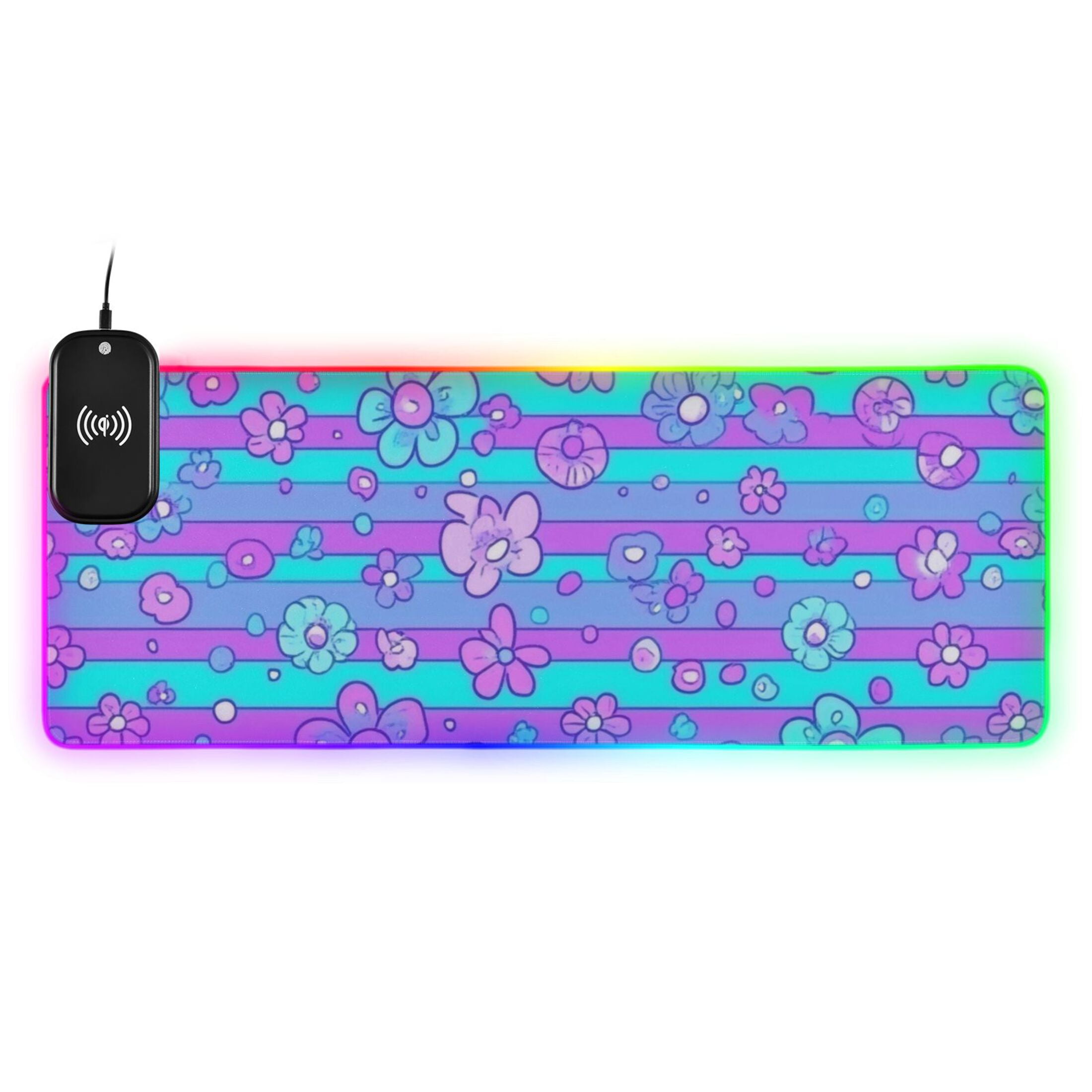 RGB Gaming Mouse Pad 15W Wireless Charging Large Waterproof Desk Mat 13 Light Modes Mousepad 31.5x11.8 Blue Pink Stripes with Flowers