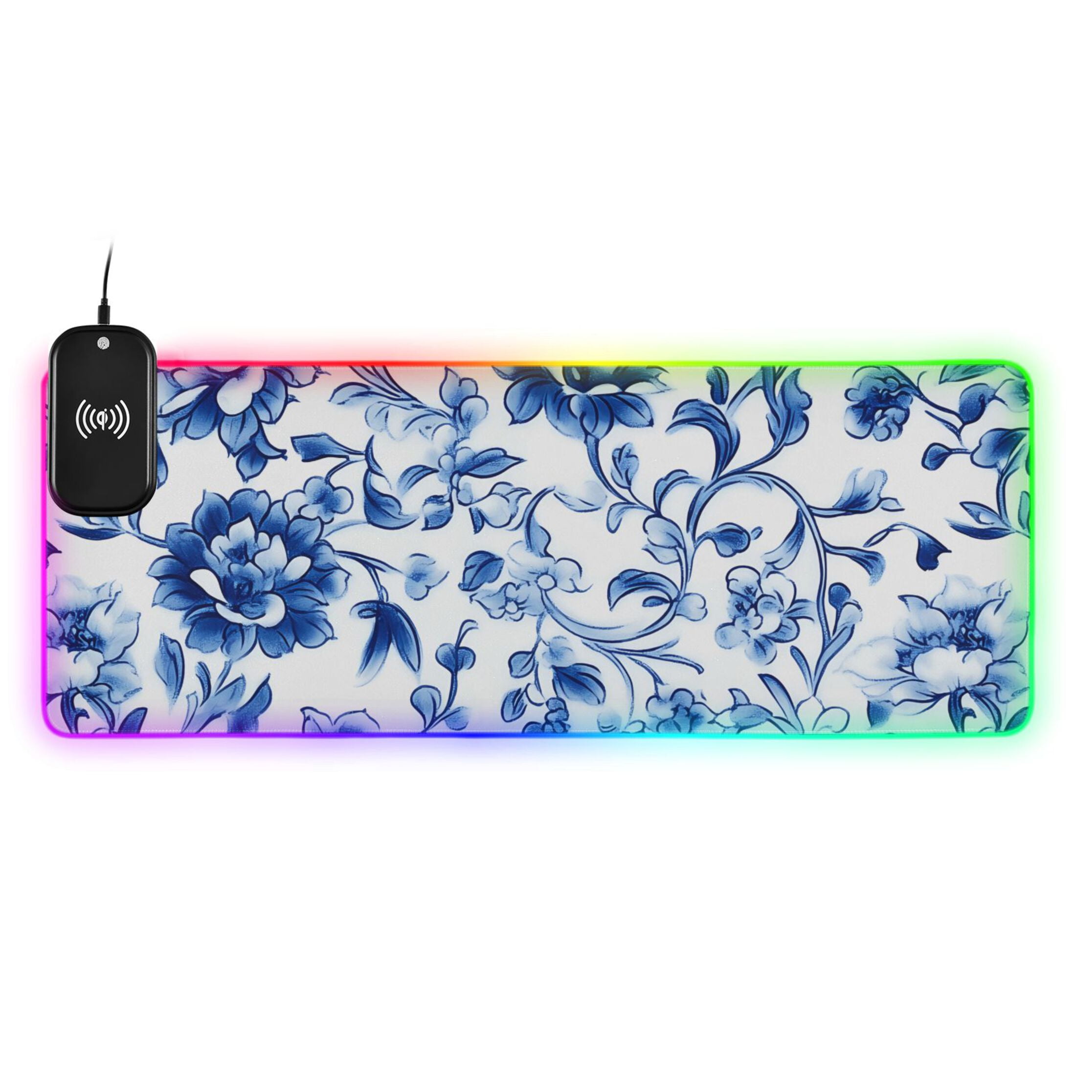 RGB Gaming Mouse Pad 15W Wireless Charging Large Waterproof Desk Mat 13 Light Modes Mousepad 31.5x11.8 Blue and White Porcelain Floral