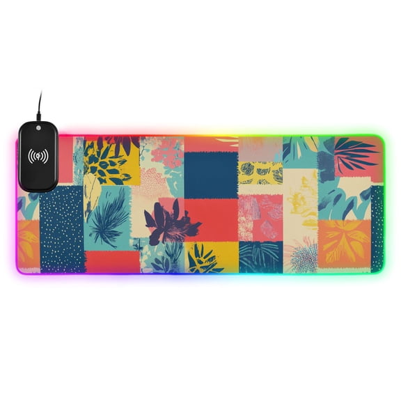 RGB Gaming Mouse Pad 15W Wireless Charging Large Waterproof Desk Mat 13 Light Modes Mousepad 31.5x11.8 Colorful Block Doodle