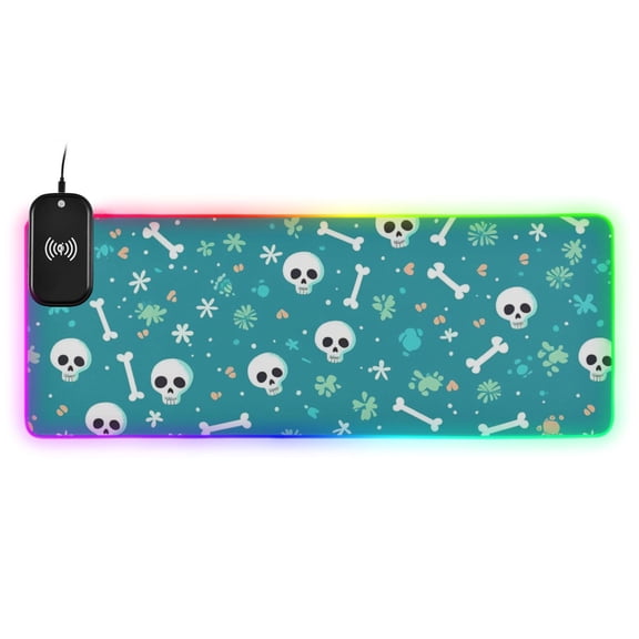 RGB Gaming Mouse Pad 15W Wireless Charging Large Waterproof Desk Mat 13 Light Modes Mousepad 31.5x11.8 Cute Skull Bone Flower