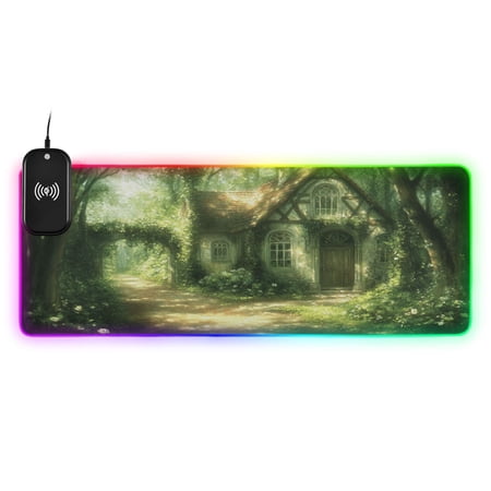 RGB Gaming Mouse Pad 15W Wireless Charging Large Waterproof Desk Mat 13 Light Modes Mousepad 31.5x11.8 House in Forest