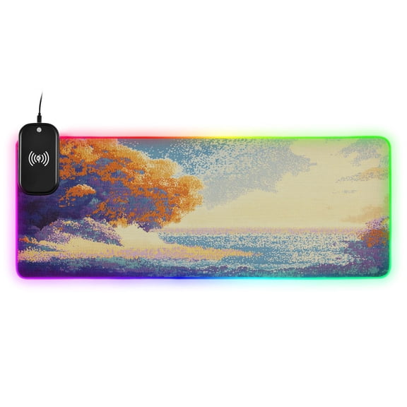 RGB Gaming Mouse Pad 15W Wireless Charging Large Waterproof Desk Mat 13 Light Modes Mousepad 31.5x11.8 Pixel Sea Cloud Tree