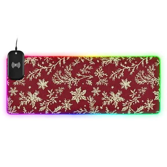 RGB Gaming Mouse Pad 15W Wireless Charging Large Waterproof Desk Mat 13 Light Modes Mousepad 31.5x11.8 Snowflakes and Pine Branches