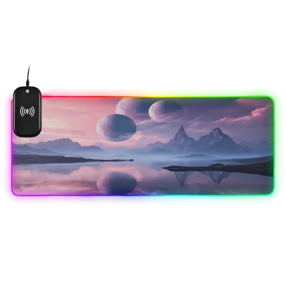 RGB Gaming Mouse Pad 15W Wireless Charging Large Waterproof Desk Mat 13 Light Modes Mousepad 35.4x15.7 Beautiful Alien Landscape