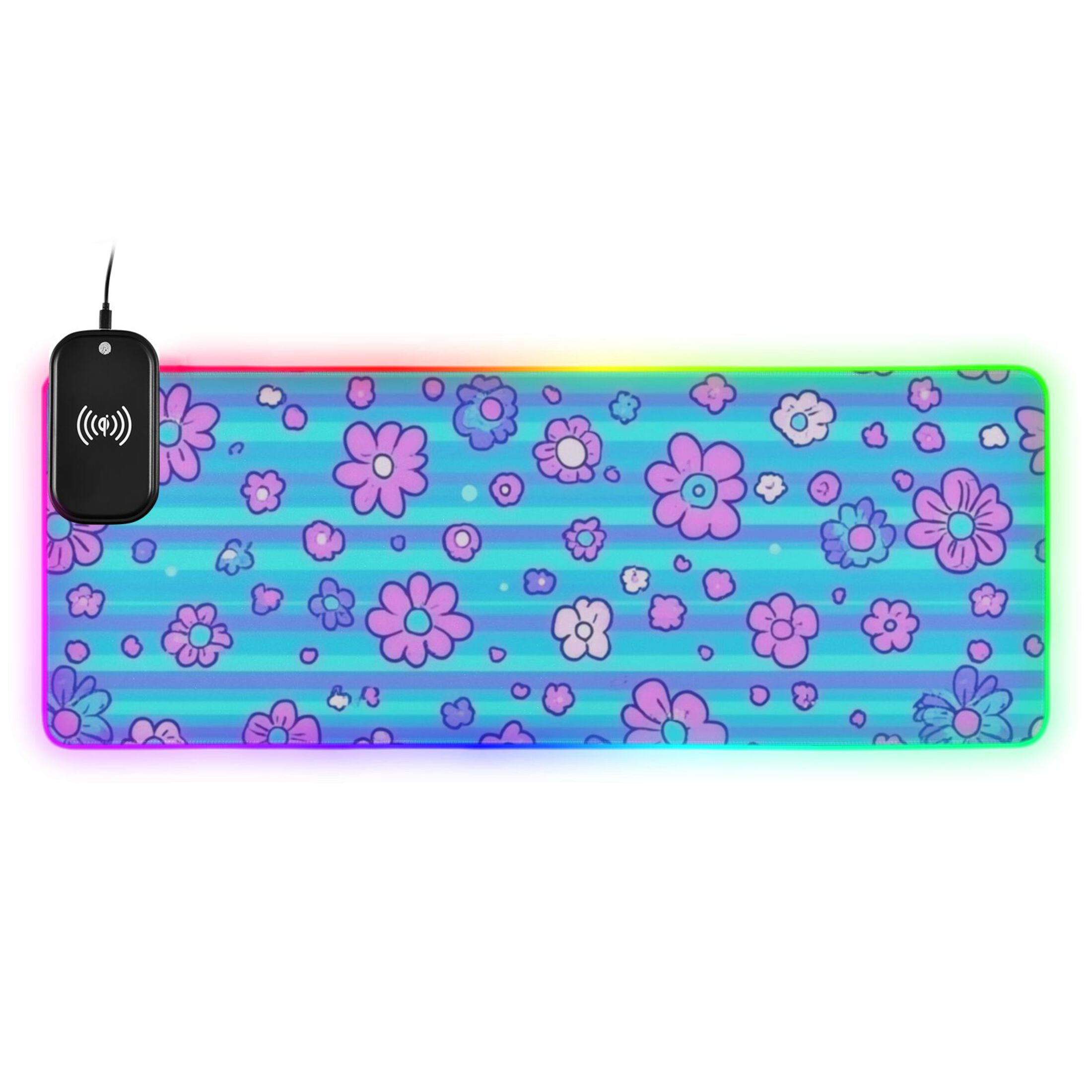 RGB Gaming Mouse Pad 15W Wireless Charging Large Waterproof Desk Mat 13 Light Modes Mousepad 35.4x15.7 Blue Stripes with Cute Flowers