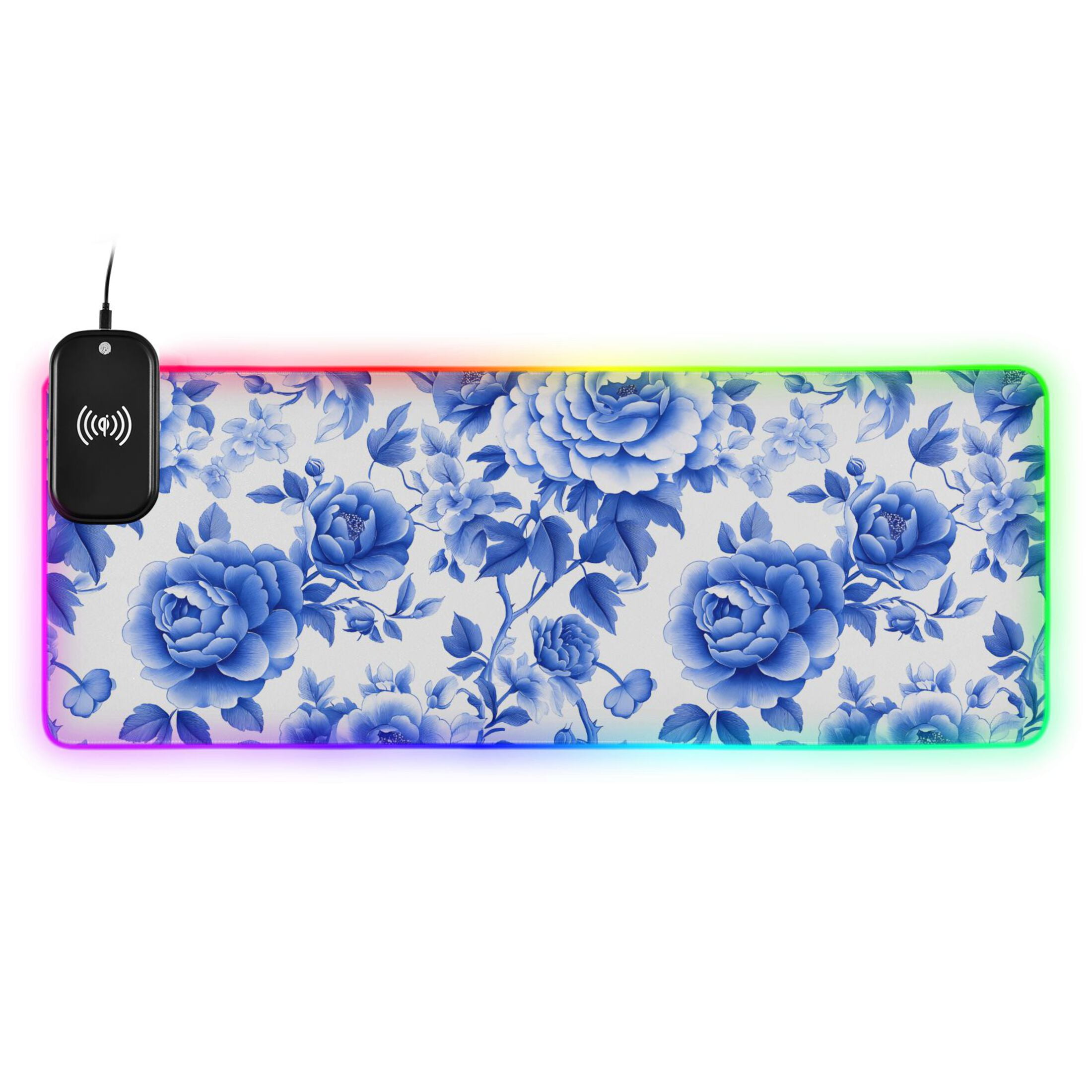 RGB Gaming Mouse Pad 15W Wireless Charging Large Waterproof Desk Mat 13 Light Modes Mousepad 35.4x15.7 Blue White Porcelain with Roses