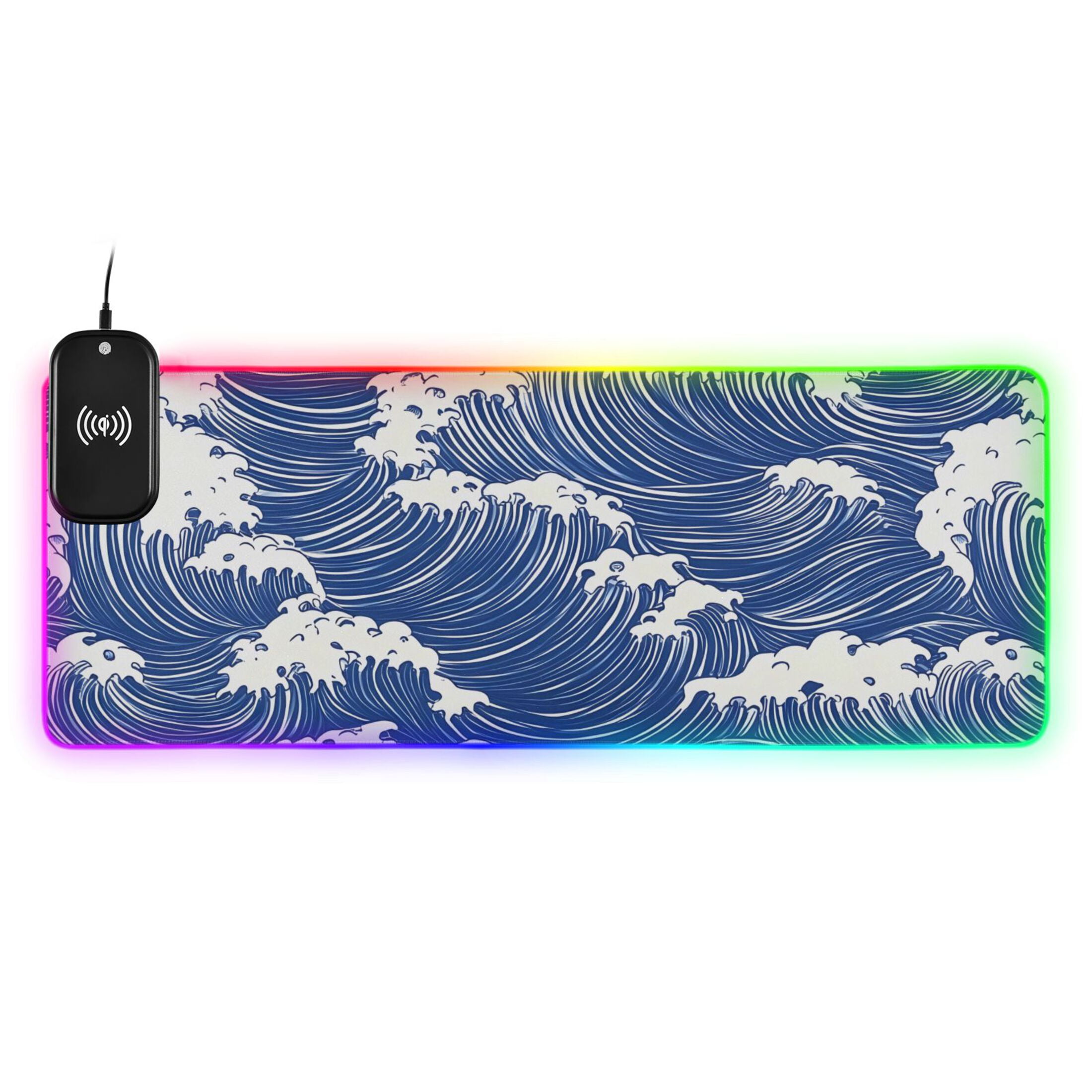 RGB Gaming Mouse Pad 15W Wireless Charging Large Waterproof Desk Mat 13 Light Modes Mousepad 35.4x15.7 Blue White Wave