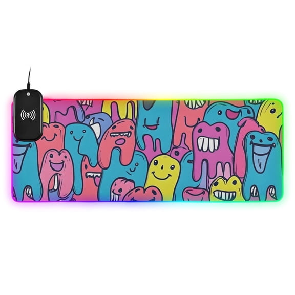 RGB Gaming Mouse Pad 15W Wireless Charging Large Waterproof Desk Mat 13 Light Modes Mousepad 35.4x15.7 Cartoon Teeth