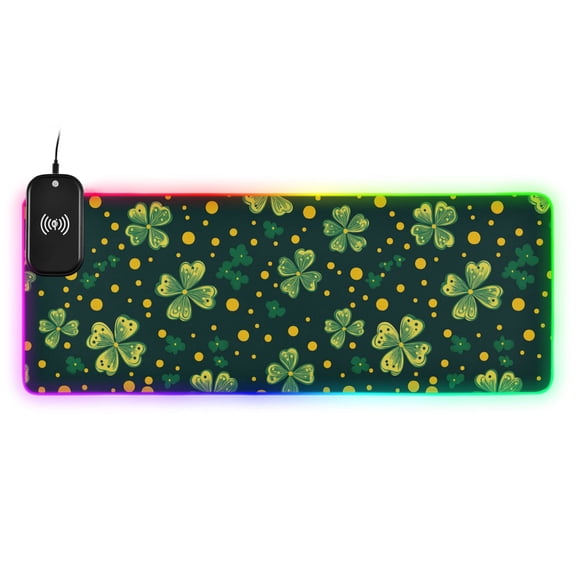 RGB Gaming Mouse Pad 15W Wireless Charging Large Waterproof Desk Mat 13 Light Modes Mousepad 35.4x15.7 Clover and Dots