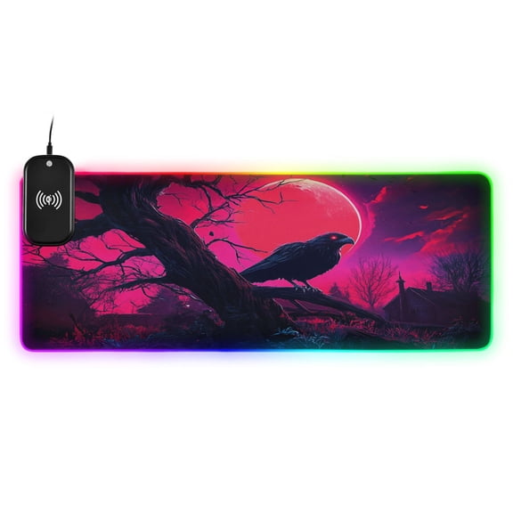 RGB Gaming Mouse Pad 15W Wireless Charging Large Waterproof Desk Mat 13 Light Modes Mousepad 35.4x15.7 Crow and Red Moon