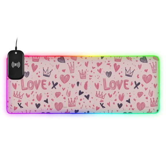 RGB Gaming Mouse Pad 15W Wireless Charging Large Waterproof Desk Mat 13 Light Modes Mousepad 35.4x15.7 Hand-drawn Crowns and Love Hearts